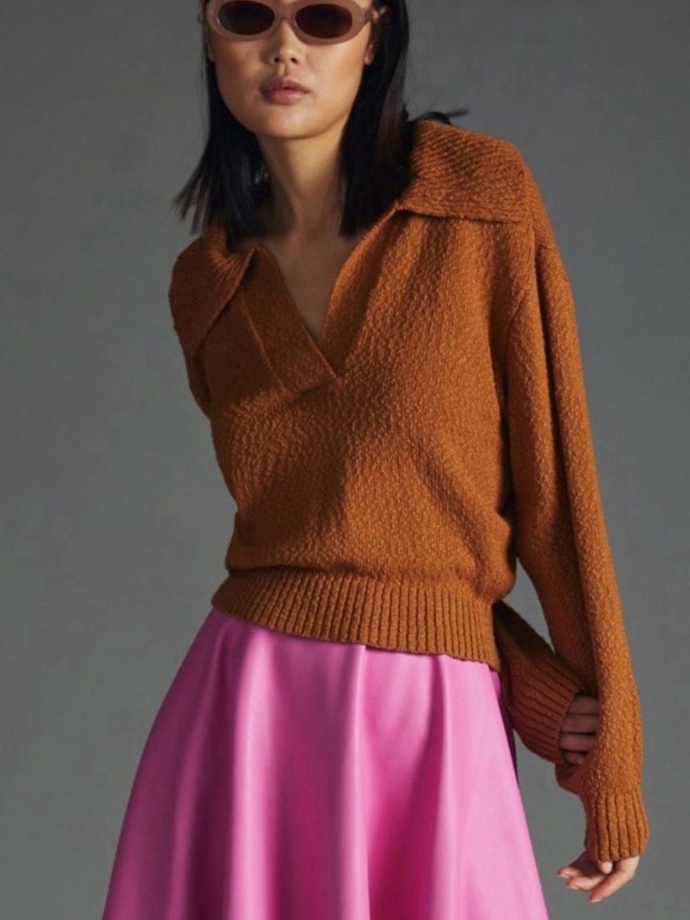 Anthropologie Rust V-Neck Collared Sweater